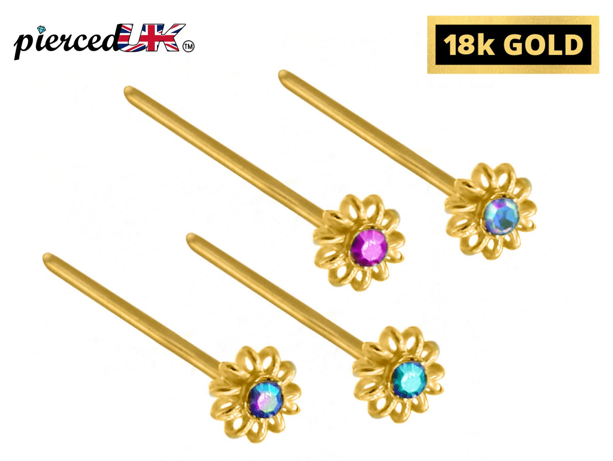 18K Gold Nose Pin - Highest Quality Crystals Hand Set - Nose Stud Piercing for pierced Nose made of Solid Gold