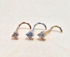 14K Gold Nose Screw Stud: 20G 18G 16G 14G Crystal Nostril Piercing