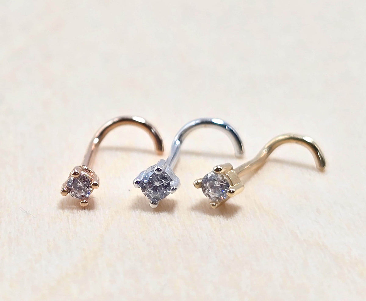 14K Gold Nose Screw Stud: 20G 18G 16G 14G Crystal Nostril Piercing