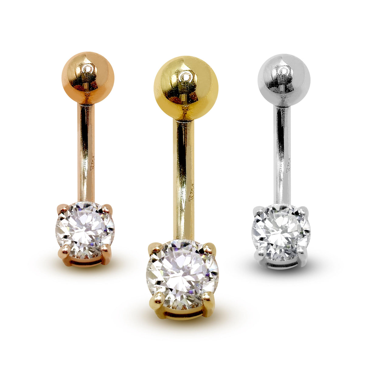 14K Gold Belly Bar: Crystal Navel Ring, Rook Cartilage Piercing 16G