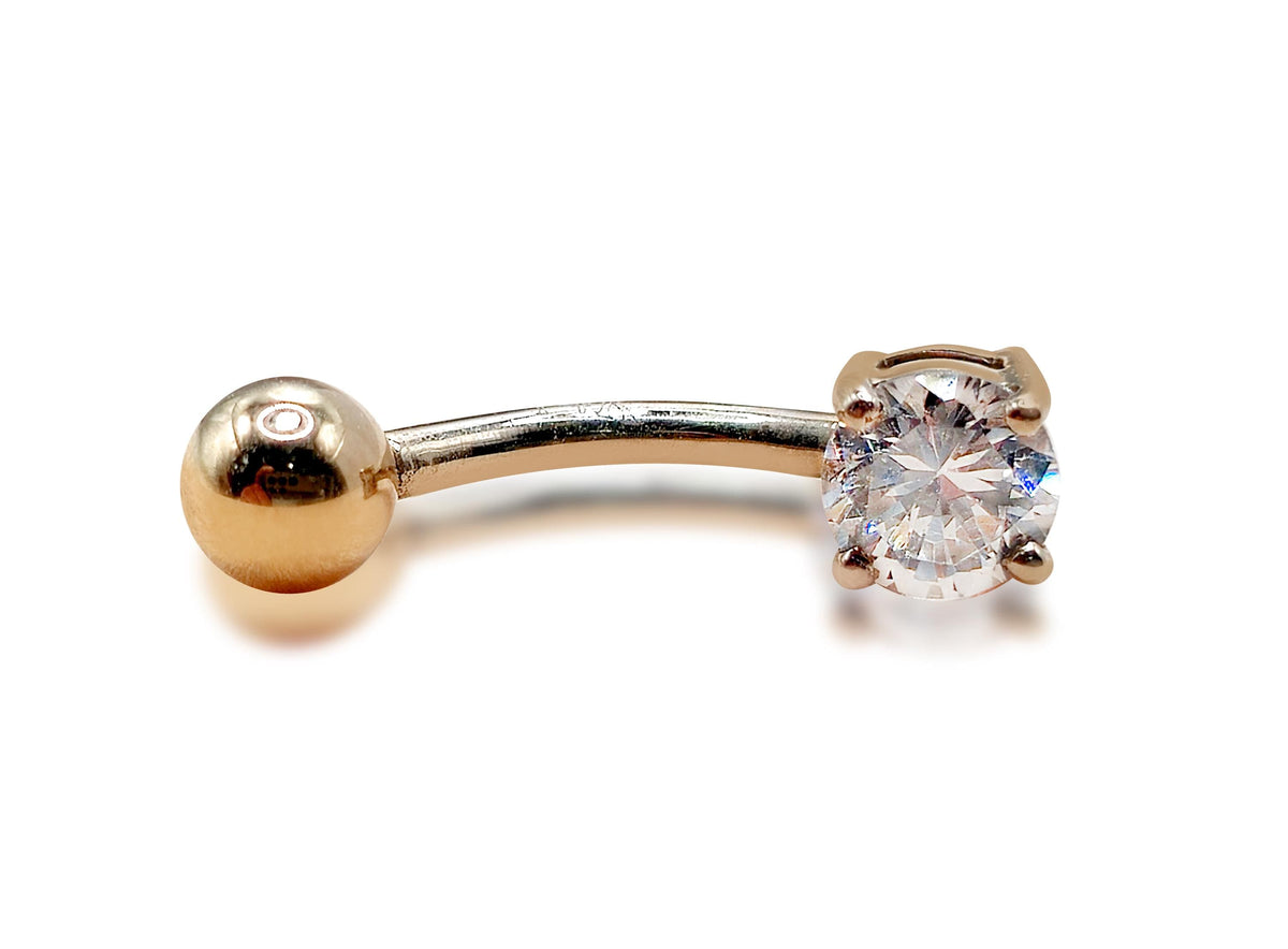 14K Gold Belly Bar: Crystal Navel Ring, Rook Cartilage Piercing 16G