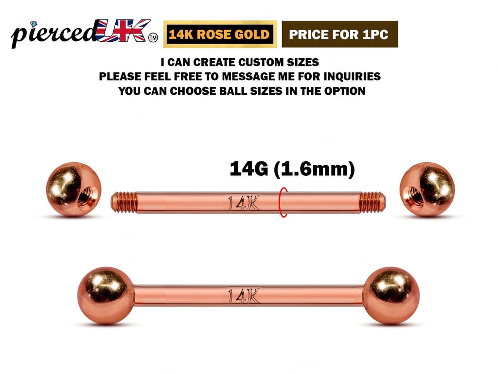 14K Rose Gold Tongue Barbell: 16G 14G Body Piercing Jewelry (6mm-24mm)