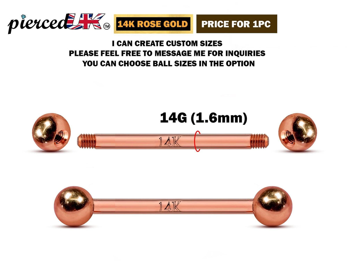 14K Rose Gold Tongue Barbell: 16G 14G Body Piercing Jewelry (6mm-24mm)