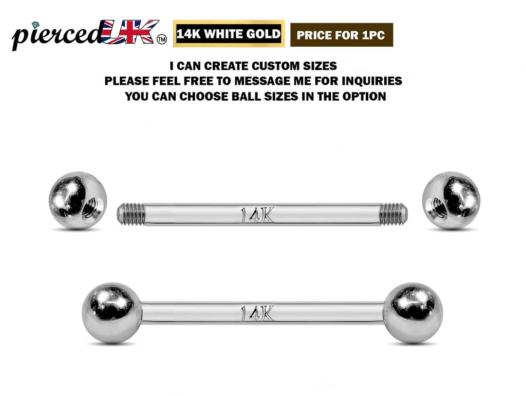 14K White Gold Tongue Barbell: 16G/14G Body Piercing Jewelry