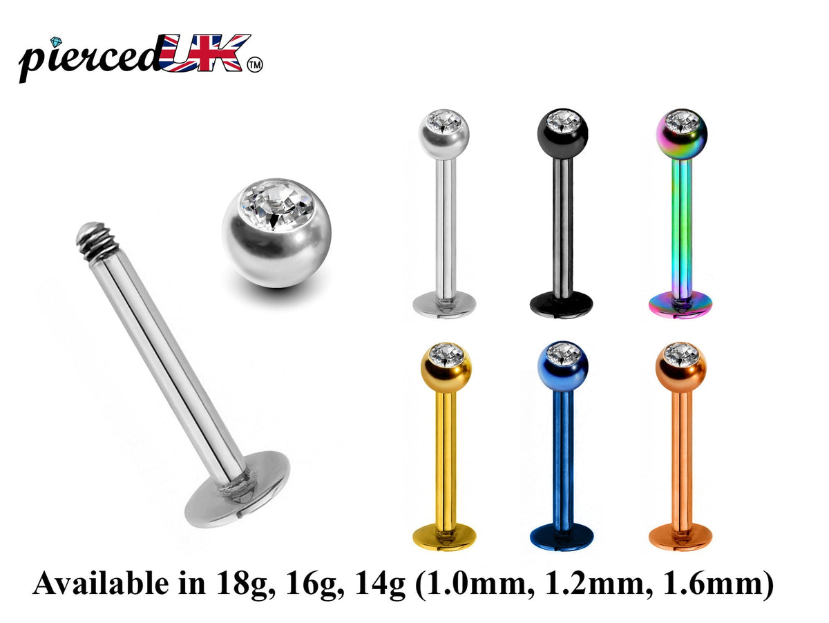 Crystal Top Labret Lip Stud: Surgical Steel Piercing (18g, 16g, 14g)