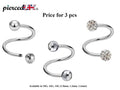 Surgical Steel Spiral Barbell: Ball, Gem, Disco - 3pcs