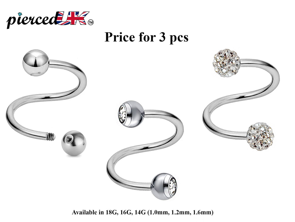Surgical Steel Spiral Barbell: Ball, Gem, Disco - 3pcs