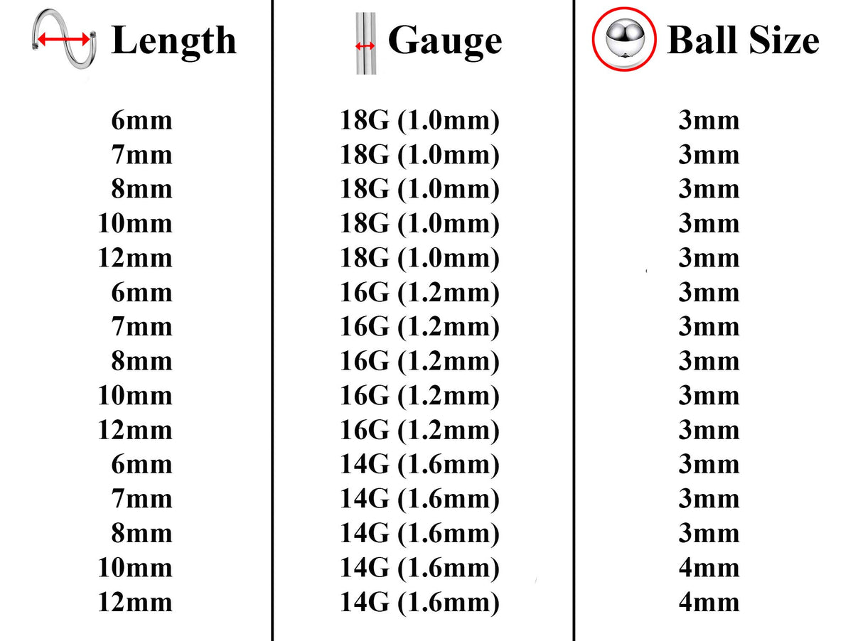 Surgical Steel Spiral Barbell: Ball, Gem, Disco - 3pcs