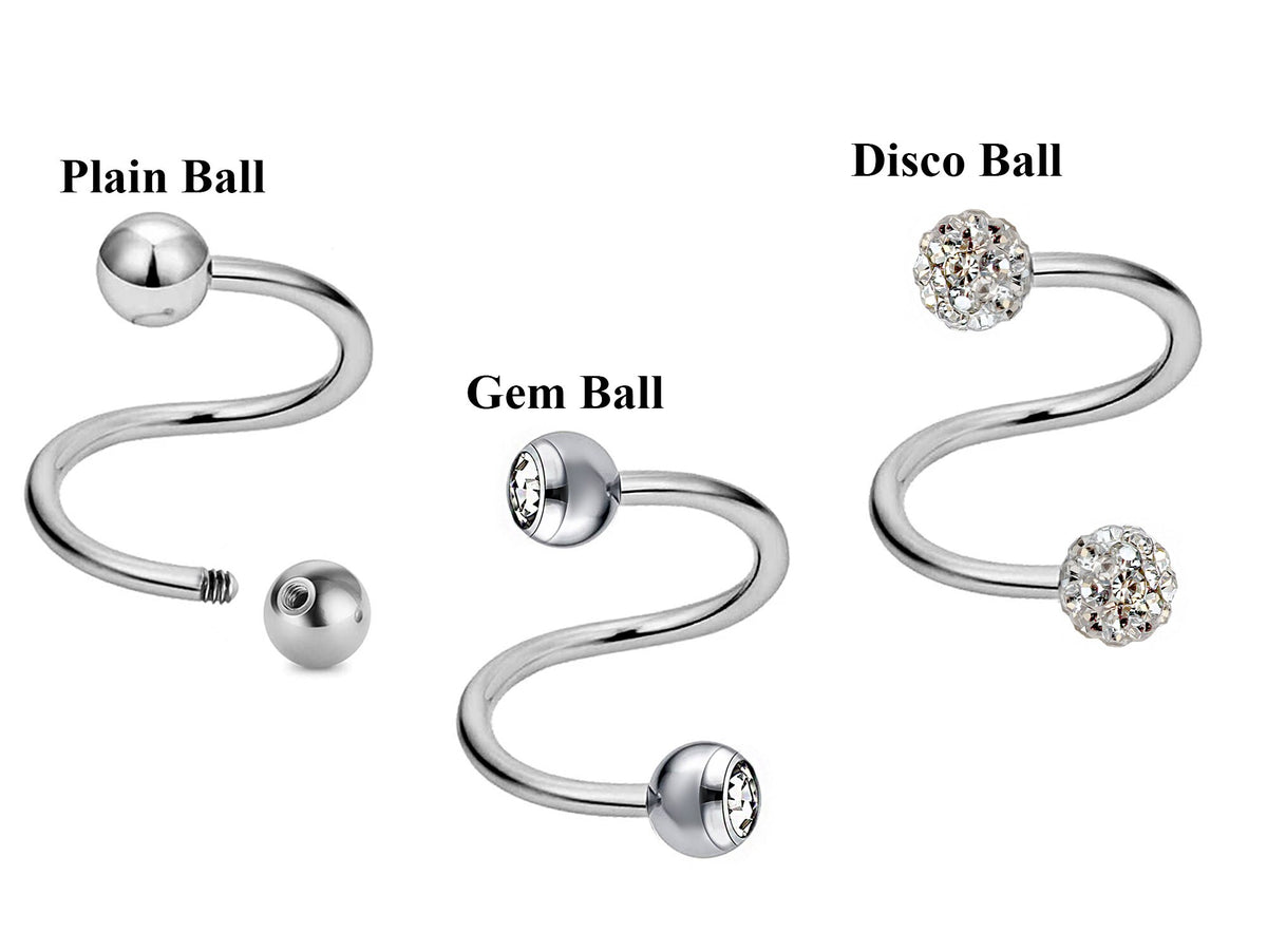 Surgical Steel Spiral Barbell: Ball, Gem, Disco - 3pcs
