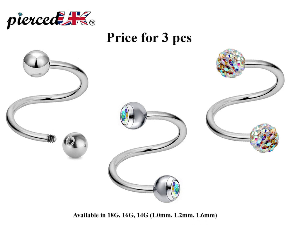 Surgical Steel Spiral Barbell: Ball, Gem, Disco - 3pcs