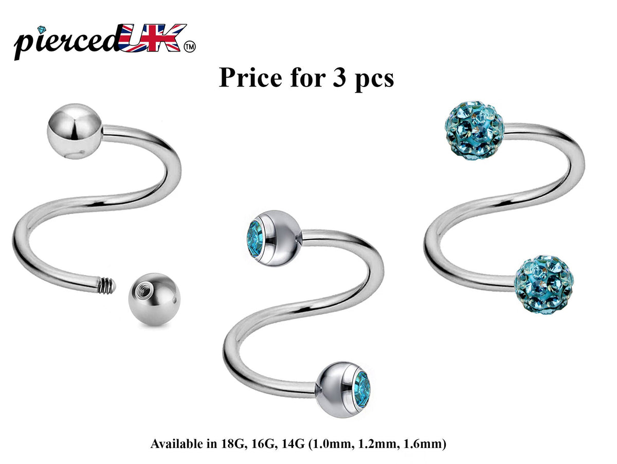 Surgical Steel Spiral Barbell: Ball, Gem, Disco - 3pcs