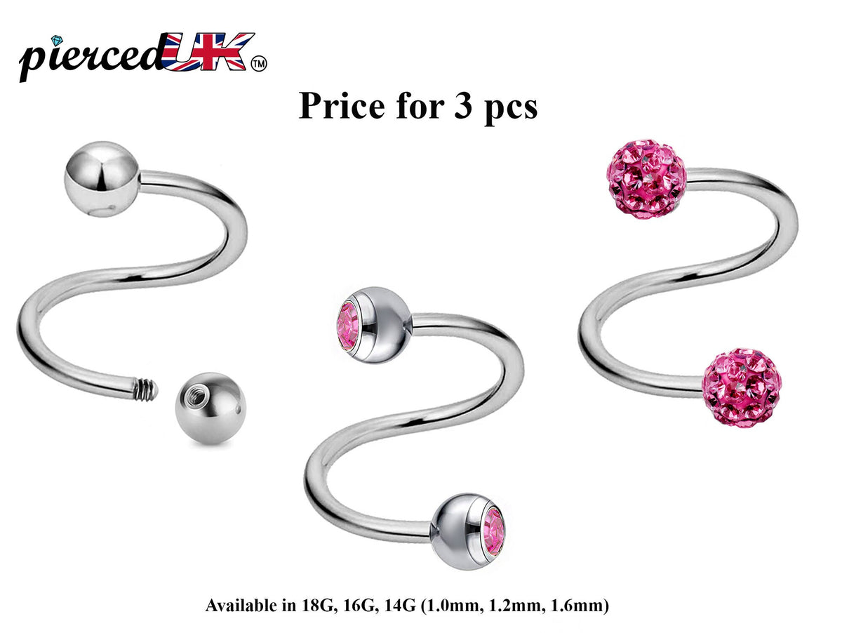 Surgical Steel Spiral Barbell: Ball, Gem, Disco - 3pcs