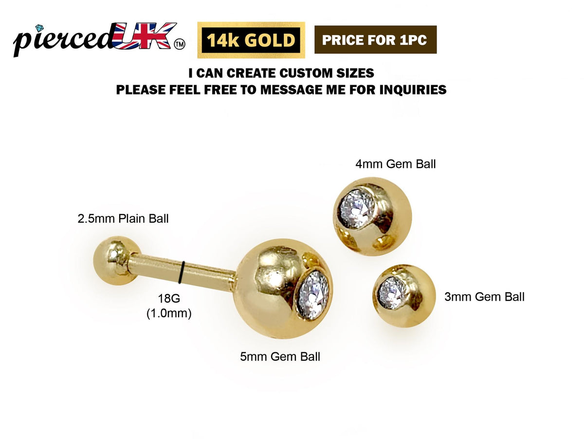 14K Gold Cartilage Barbell Earring: Crystal Gem Ball Body Jewelry