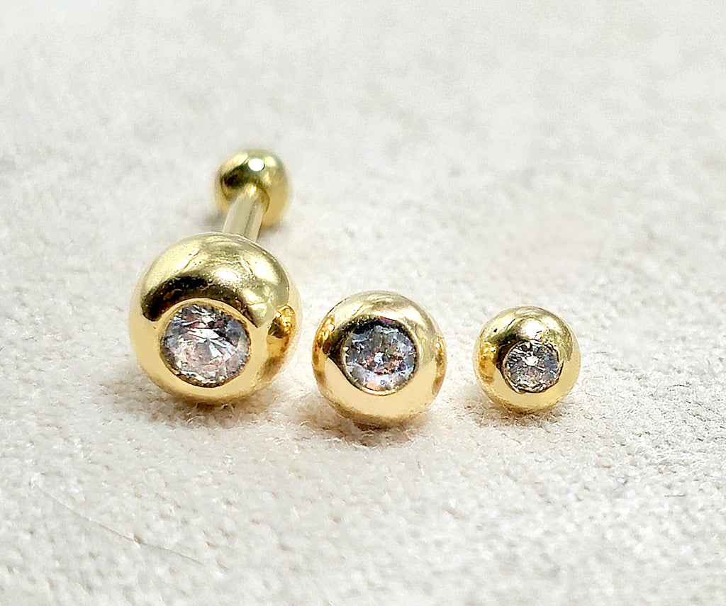 14K Gold Cartilage Barbell Earring: Crystal Gem Ball Body Jewelry