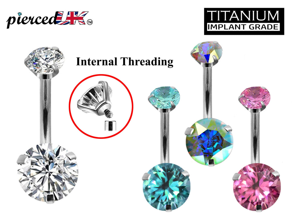 Titanium Belly Bar: Prong Set CZ Crystal Internally Threaded Navel Ring