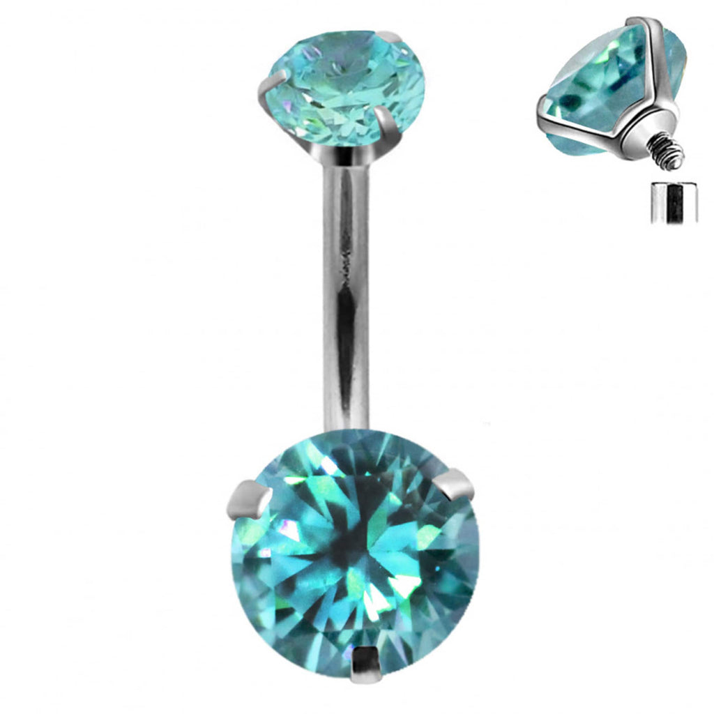 Titanium Belly Bar: Prong Set CZ Crystal Internally Threaded Navel Ring