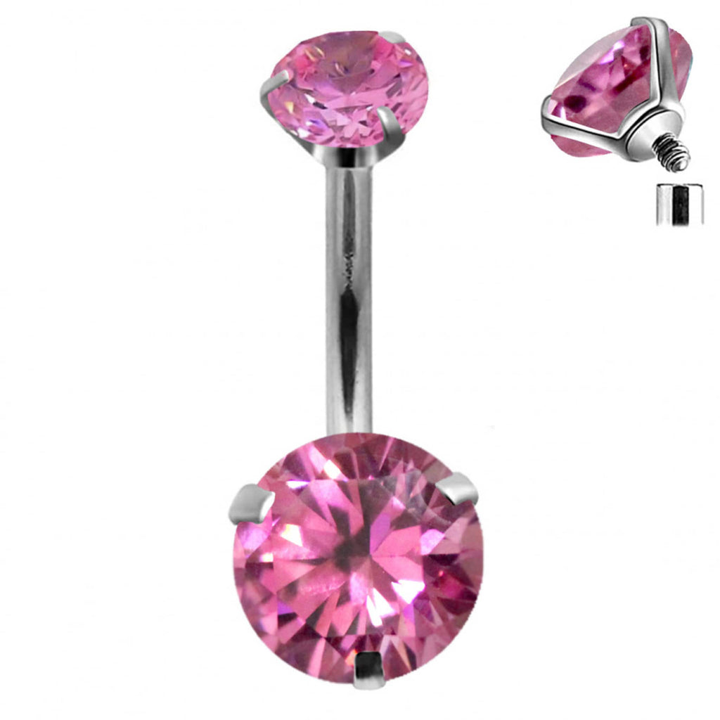 Titanium Belly Bar: Prong Set CZ Crystal Internally Threaded Navel Ring