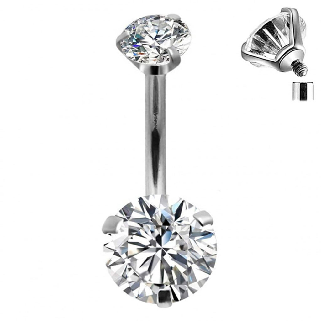 Titanium Belly Bar: Prong Set CZ Crystal Internally Threaded Navel Ring