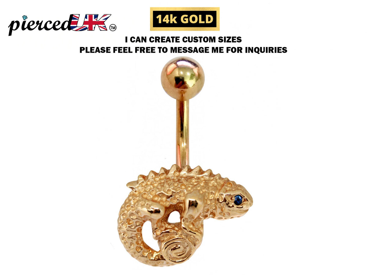 14K Gold Chameleon Belly Ring: Designer Lizard Navel Piercing
