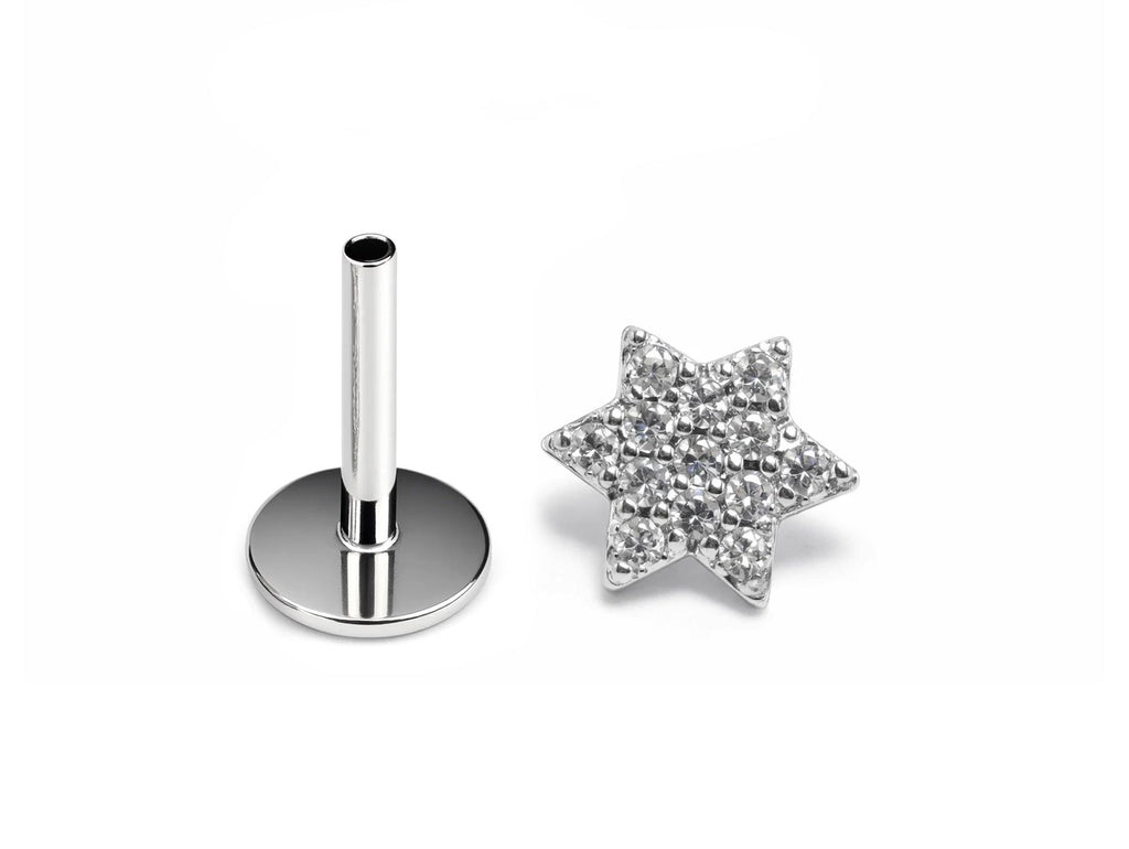 14K White Gold Internally Threaded Star Labret Stud:  Body Piercing 16G (1.2mm)