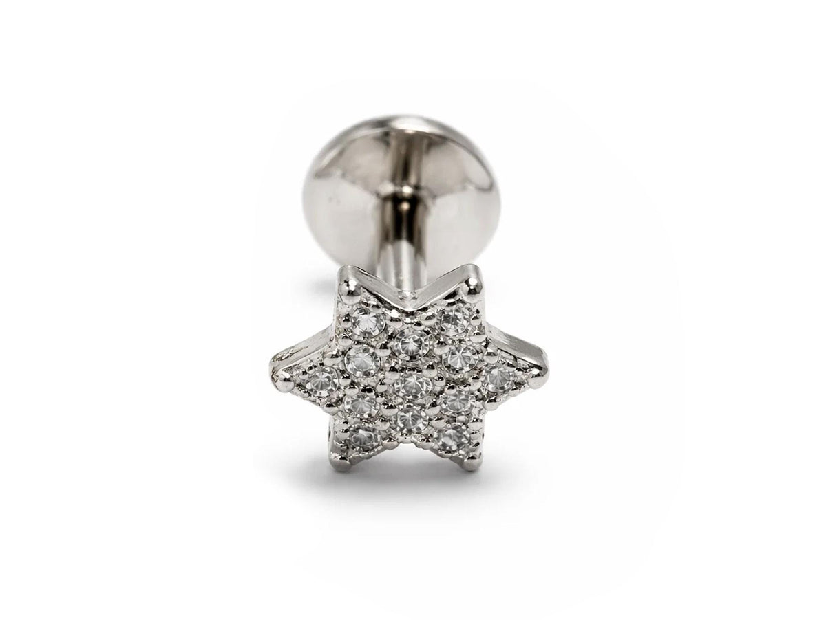 14K White Gold Internally Threaded Star Labret Stud:  Body Piercing 16G (1.2mm)