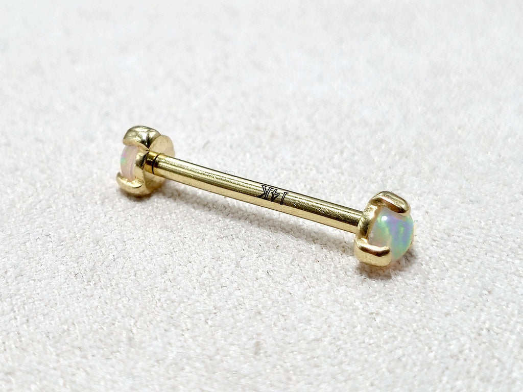 14K Solid Gold Nipple Barbell Jewellery with Opal Stone - Internally threaded - Body Piercing Also for Cartilage Earrings - 1pc each order