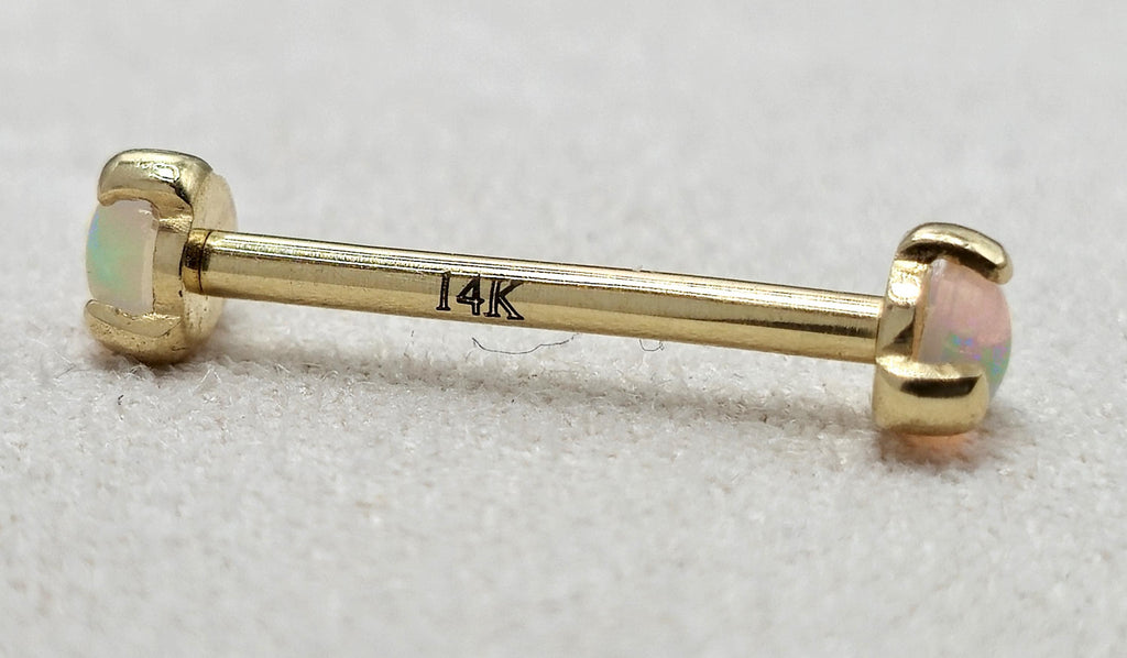 14K Solid Gold Nipple Barbell Jewellery with Opal Stone - Internally threaded - Body Piercing Also for Cartilage Earrings - 1pc each order