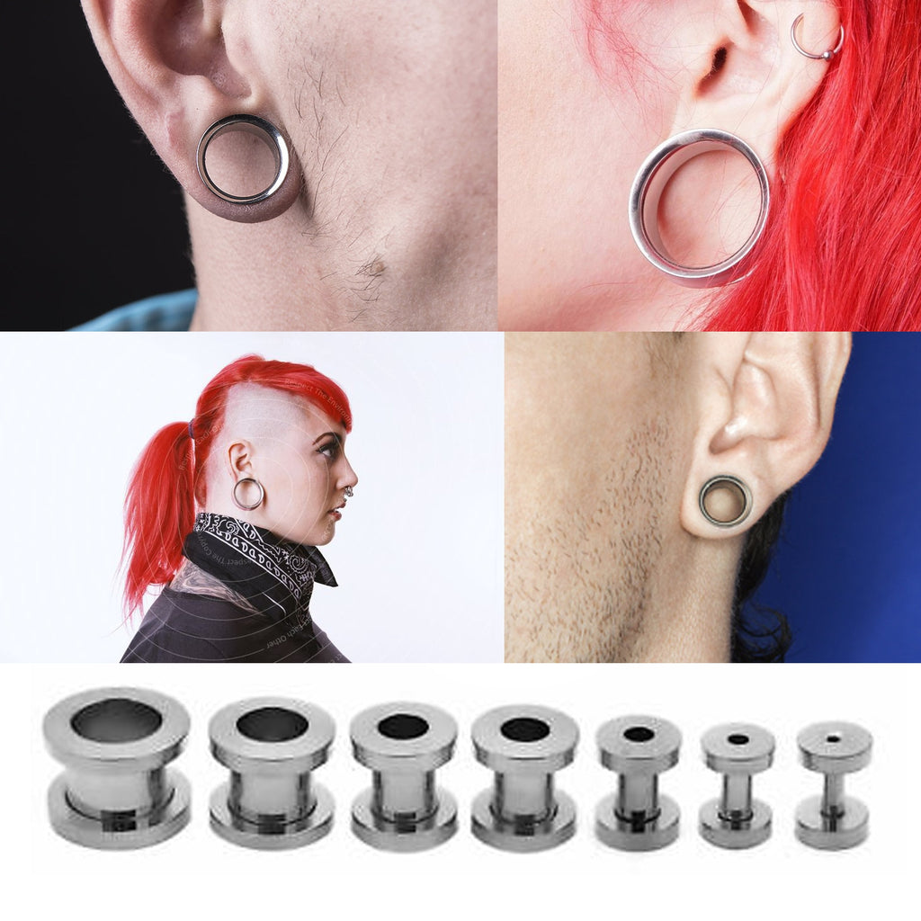 Titanium Steel Ear Tunnel Plug: Threaded Body Piercing (12g-00g, Silver Black
