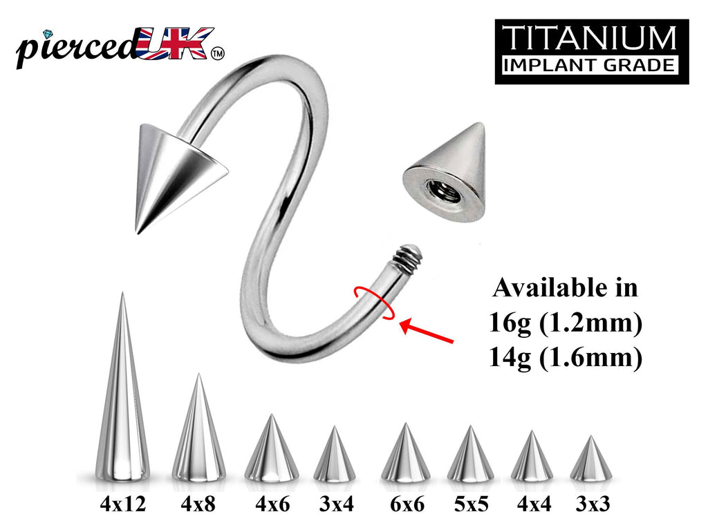 Titanium Spiral Barbell: Spike Cone Eyebrow, Nipple, Conch Piercing (16g 1.2mm, 14g 1.6mm)