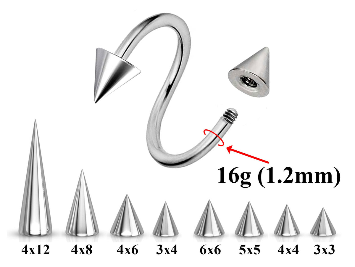 Titanium Spiral Barbell: Spike Cone Eyebrow, Nipple, Conch Piercing (16g 1.2mm, 14g 1.6mm)