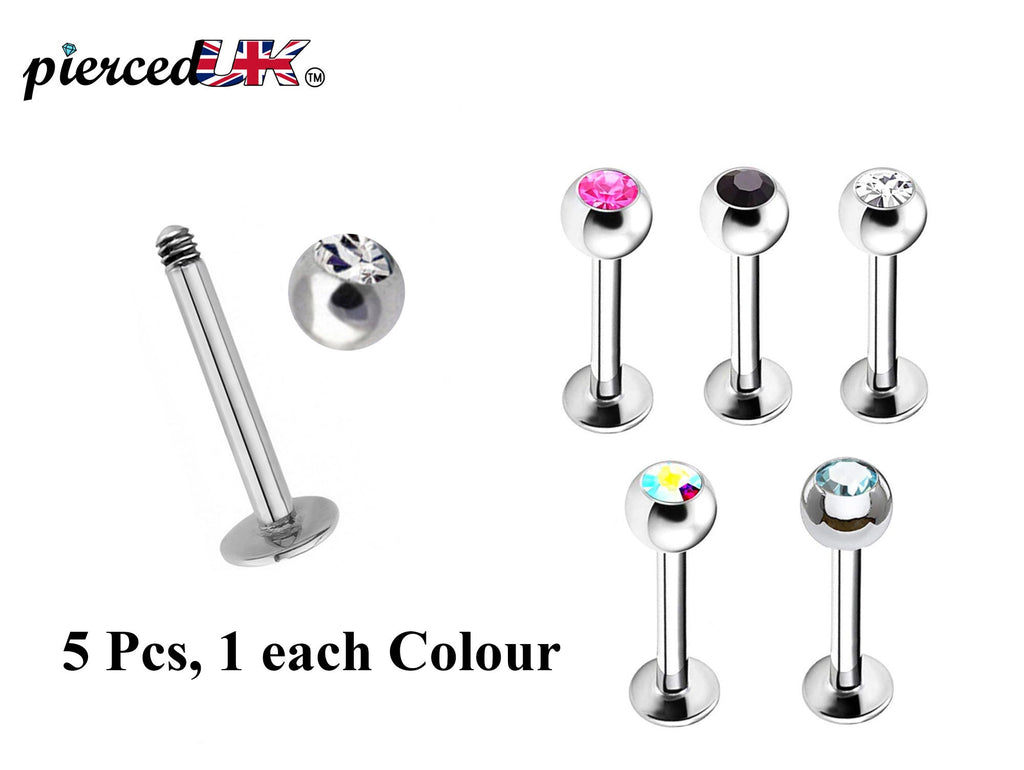 Gem Ball Labret Stud: Surgical Steel Lip Piercing (5pcs)