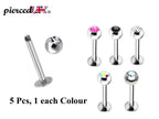 Gem Ball Labret Stud: Surgical Steel Lip Piercing (5pcs)