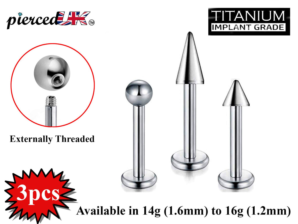 Titanium Labret Stud Set: Spike, Ball, Cone - 14g/16g (3pcs)