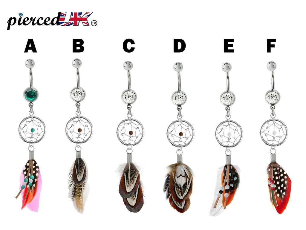 Dreamcatcher Belly Button Ring: Silver Dangle Navel Bar with Bird Feather (14g)