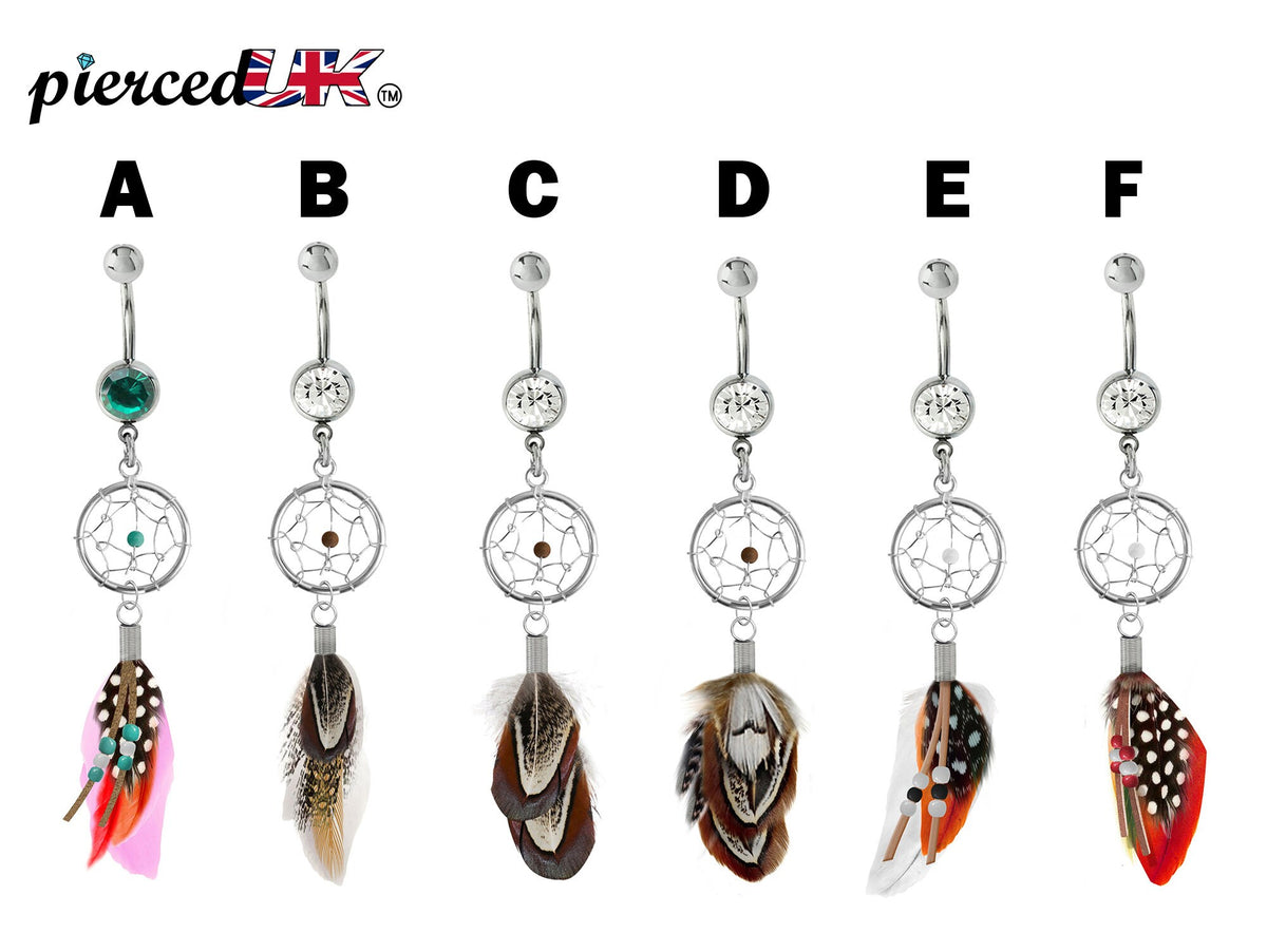 Dreamcatcher Belly Button Ring: Silver Dangle Navel Bar with Bird Feather (14g)