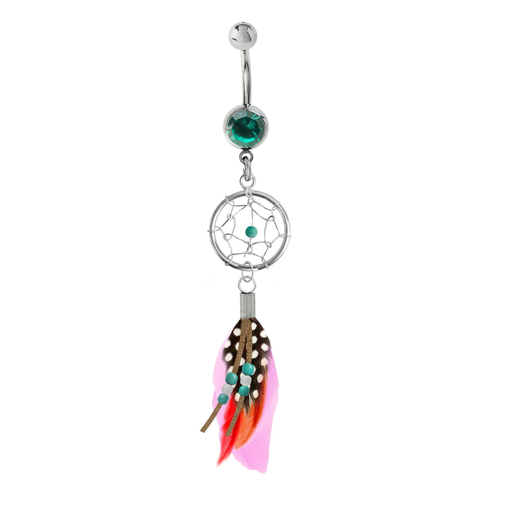 Dreamcatcher Belly Button Ring: Silver Dangle Navel Bar with Bird Feather (14g)