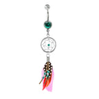 Dreamcatcher Belly Button Ring: Silver Dangle Navel Bar with Bird Feather (14g)