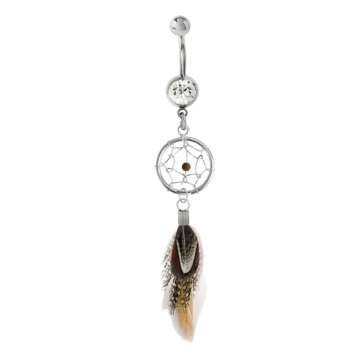 Dreamcatcher Belly Button Ring: Silver Dangle Navel Bar with Bird Feather (14g)