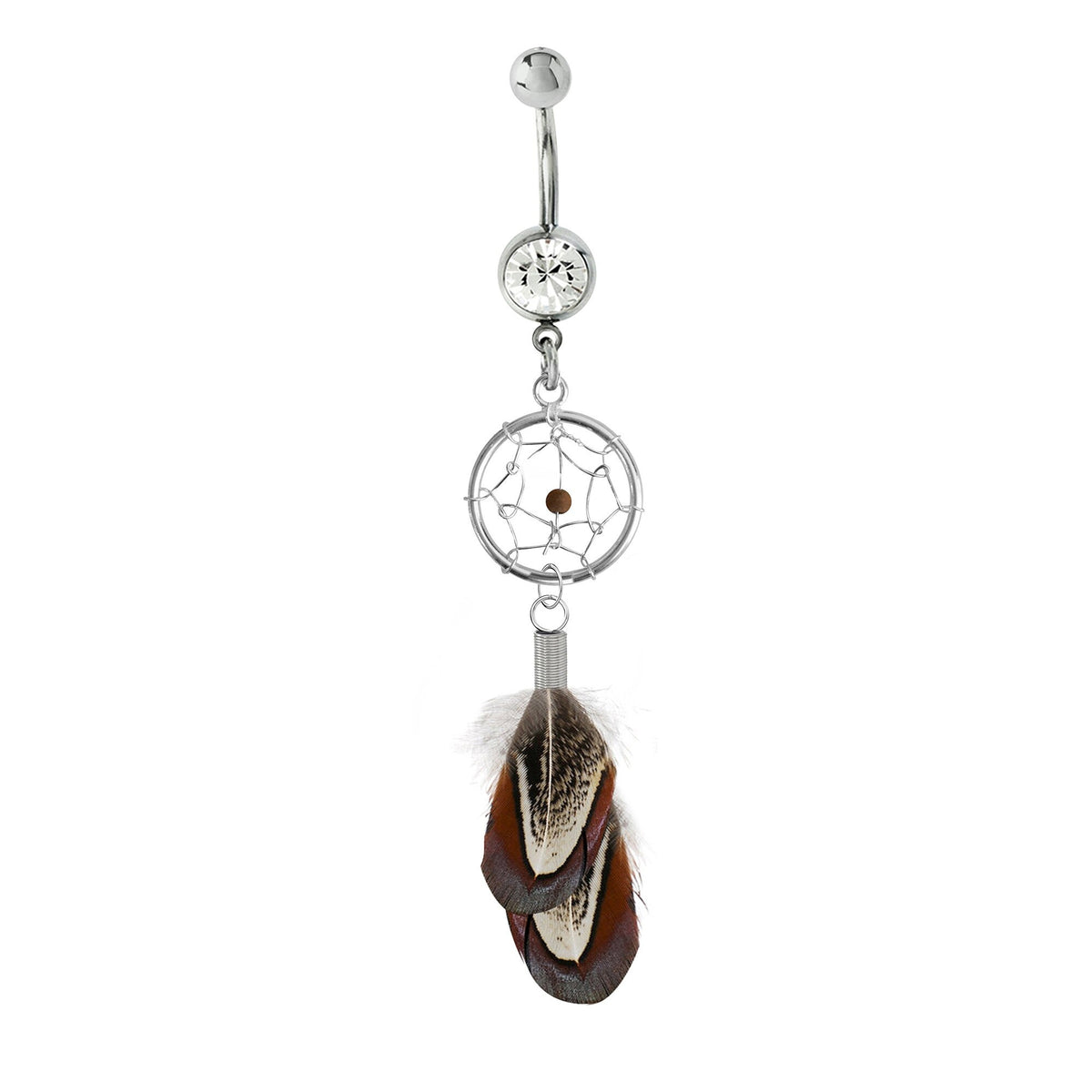 Dreamcatcher Belly Button Ring: Silver Dangle Navel Bar with Bird Feather (14g)