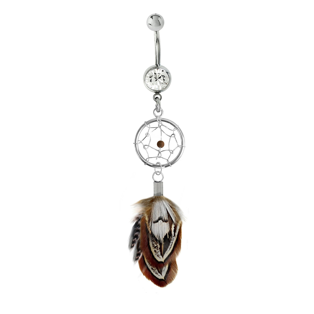 Dreamcatcher Belly Button Ring: Silver Dangle Navel Bar with Bird Feather (14g)