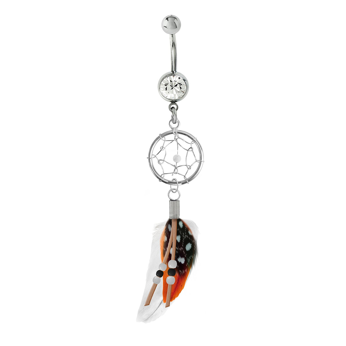 Dreamcatcher Belly Button Ring: Silver Dangle Navel Bar with Bird Feather (14g)