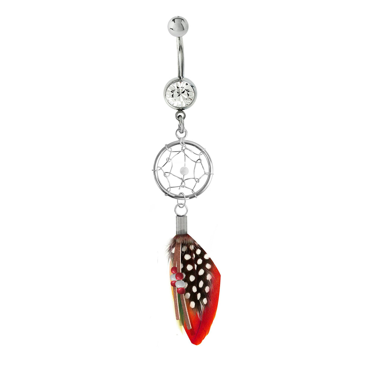 Dreamcatcher Belly Button Ring: Silver Dangle Navel Bar with Bird Feather (14g)