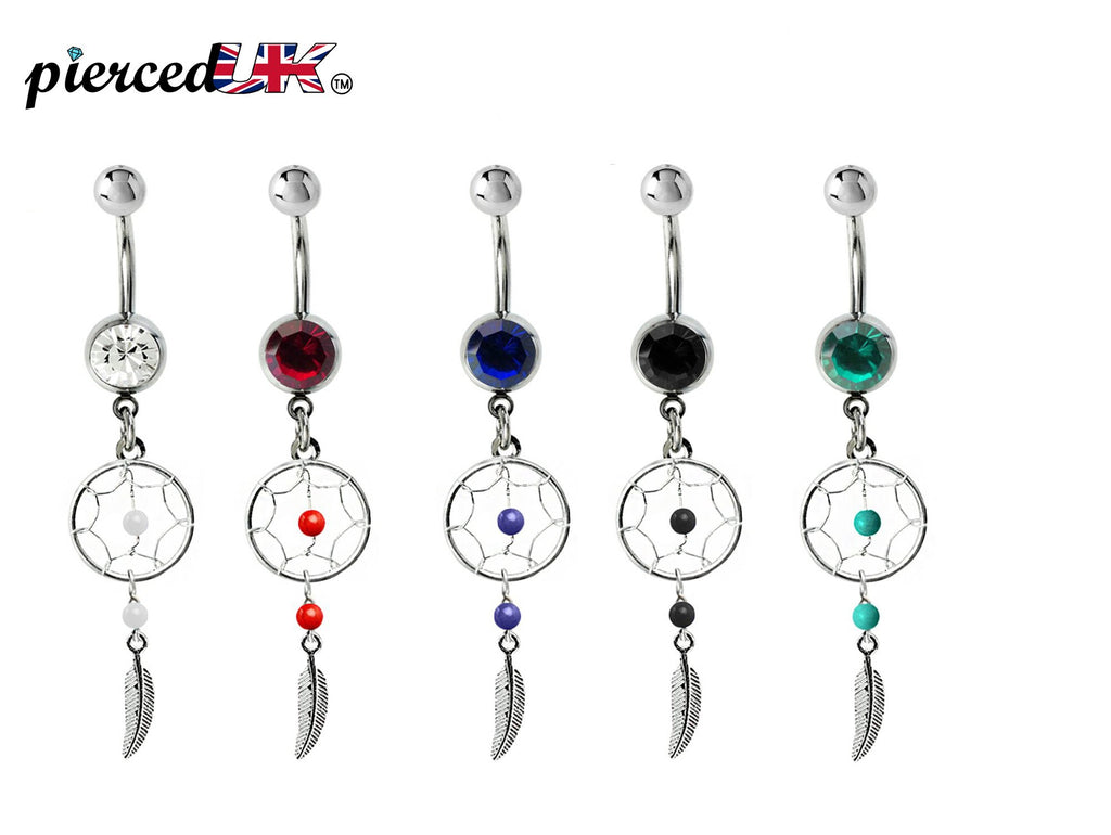 Dreamcatcher Navel Ring: Sterling Silver Dangle Belly Bar with Crystal & Stone Beads (14g)