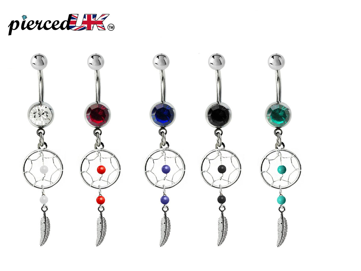 Dreamcatcher Navel Ring: Sterling Silver Dangle Belly Bar with Crystal & Stone Beads (14g)