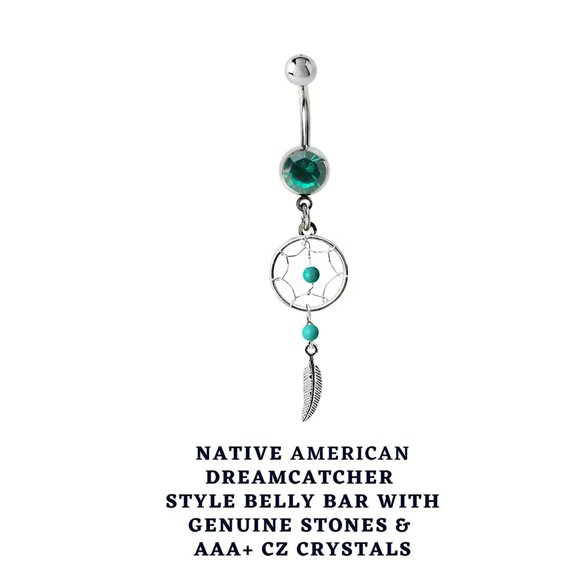 Dreamcatcher Navel Ring: Sterling Silver Dangle Belly Bar with Crystal & Stone Beads (14g)