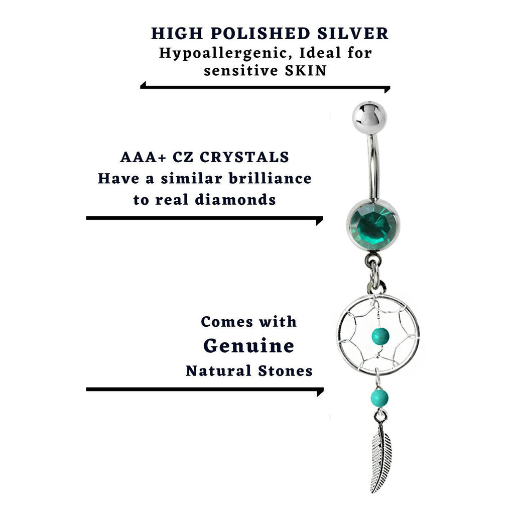 Dreamcatcher Navel Ring: Sterling Silver Dangle Belly Bar with Crystal & Stone Beads (14g)