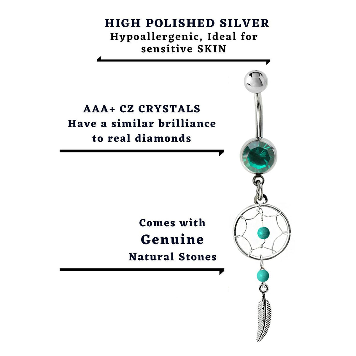Dreamcatcher Navel Ring: Sterling Silver Dangle Belly Bar with Crystal & Stone Beads (14g)