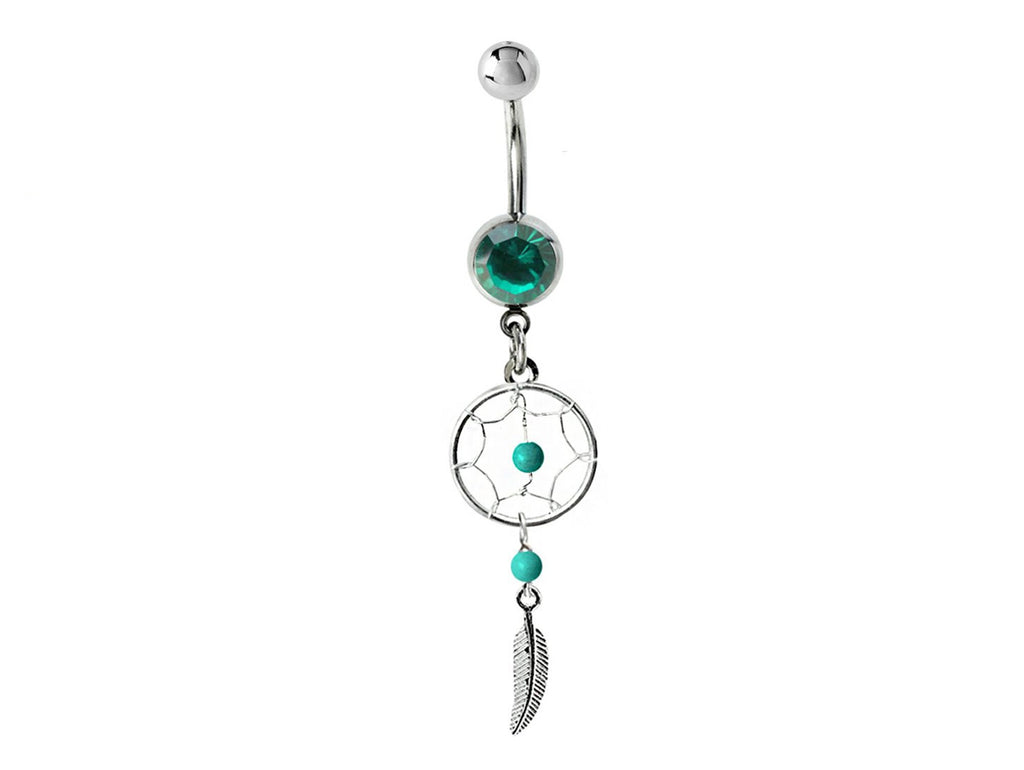 Dreamcatcher Navel Ring: Sterling Silver Dangle Belly Bar with Crystal & Stone Beads (14g)