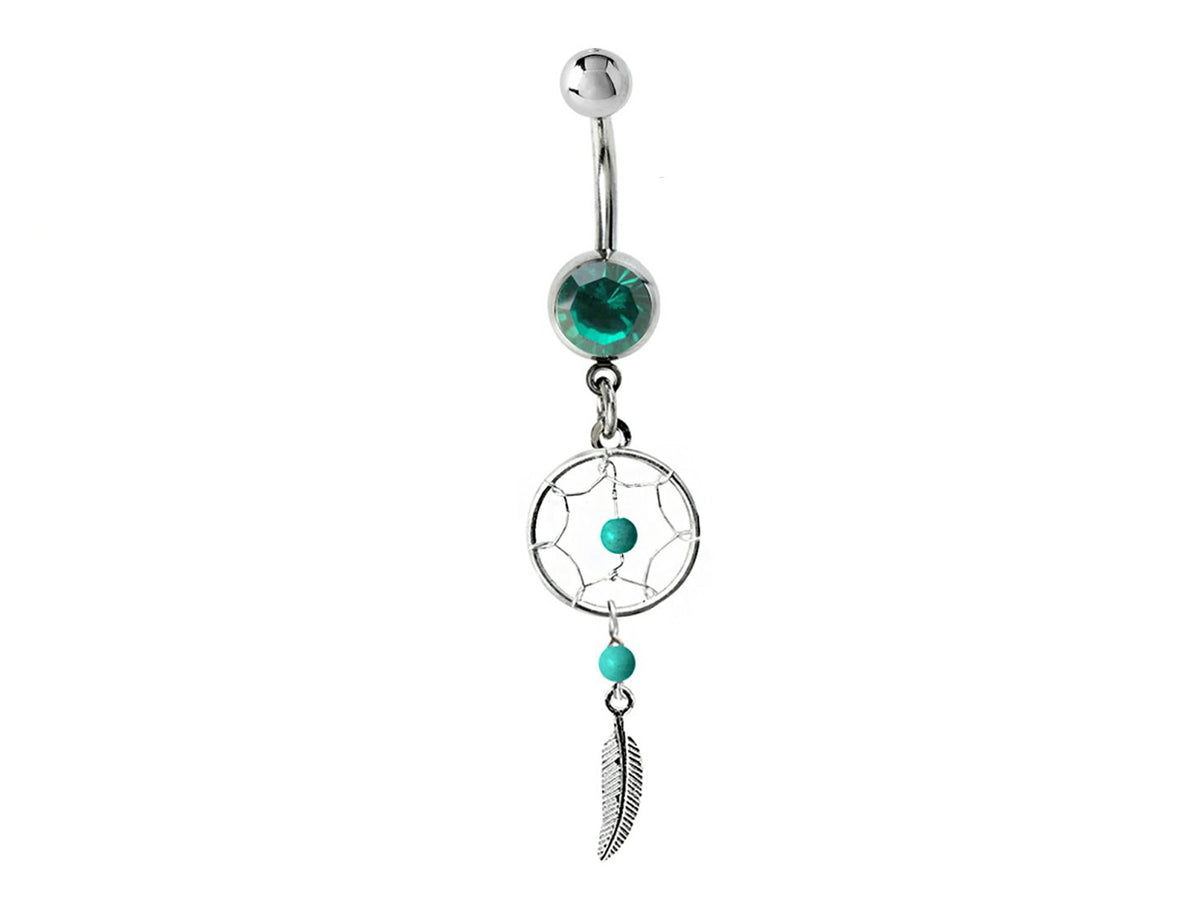 Dreamcatcher Navel Ring: Sterling Silver Dangle Belly Bar with Crystal & Stone Beads (14g)