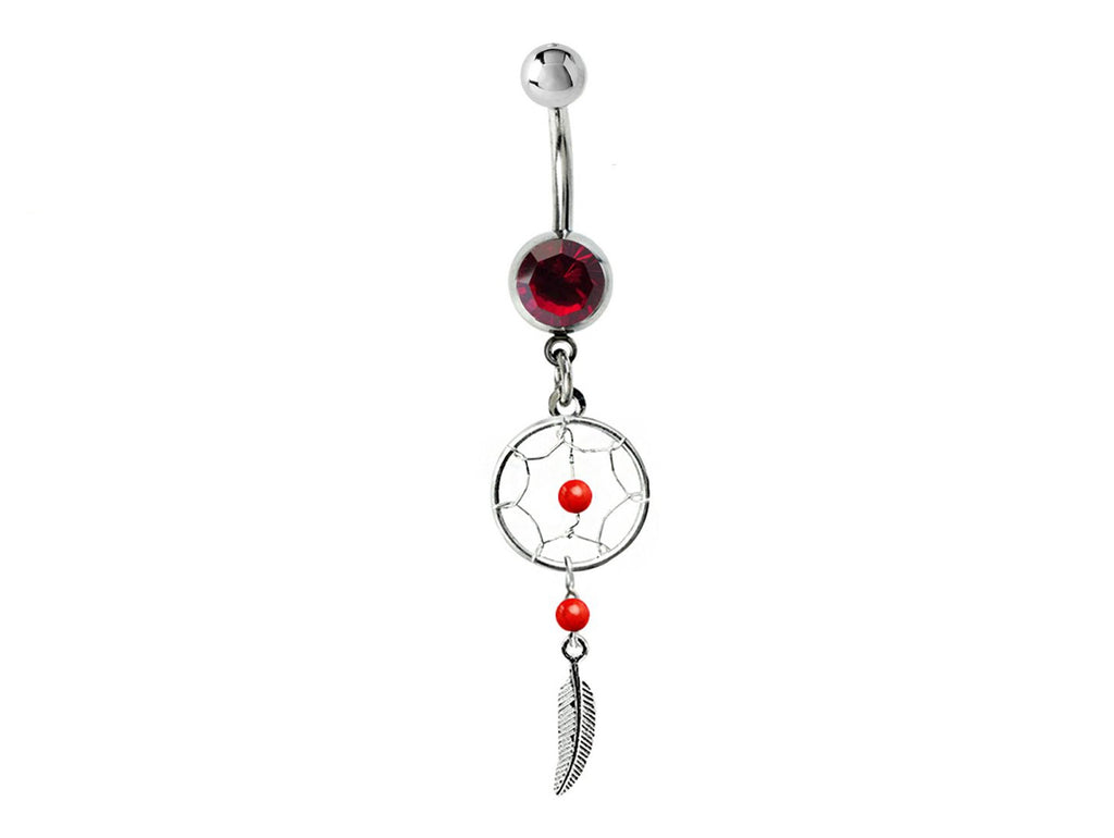 Dreamcatcher Navel Ring: Sterling Silver Dangle Belly Bar with Crystal & Stone Beads (14g)